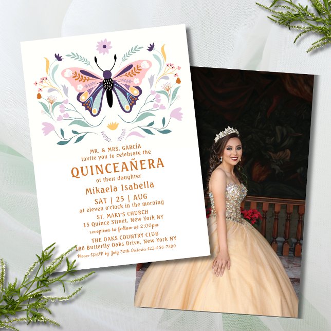 Quinceañera Pink Purple Butterfly Photo Floral Invitation (Creator Uploaded)