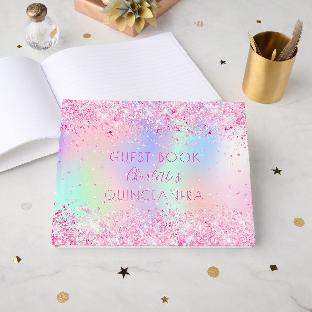 Quinceanera pink purple holographic guest book (Front Open)