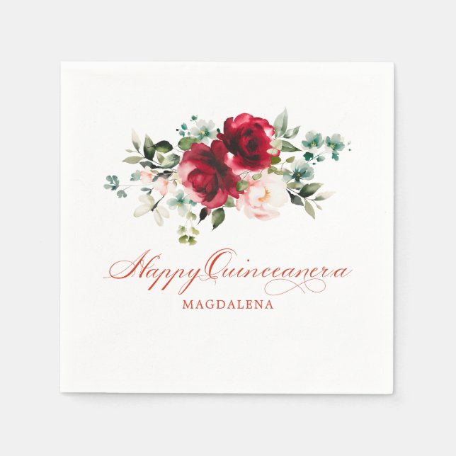 Quinceanera Pink Red Floral Custom Napkin (Front)