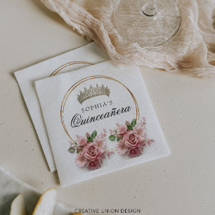 Quinceañera Pink Rose Crown Birthday Decor Napkin