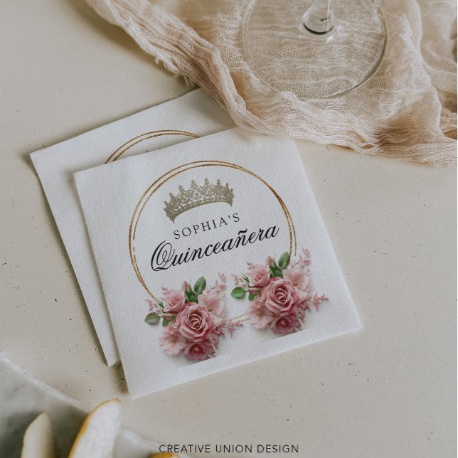 Quinceañera Pink Rose Crown Birthday Decor Napkin (Creator Uploaded)