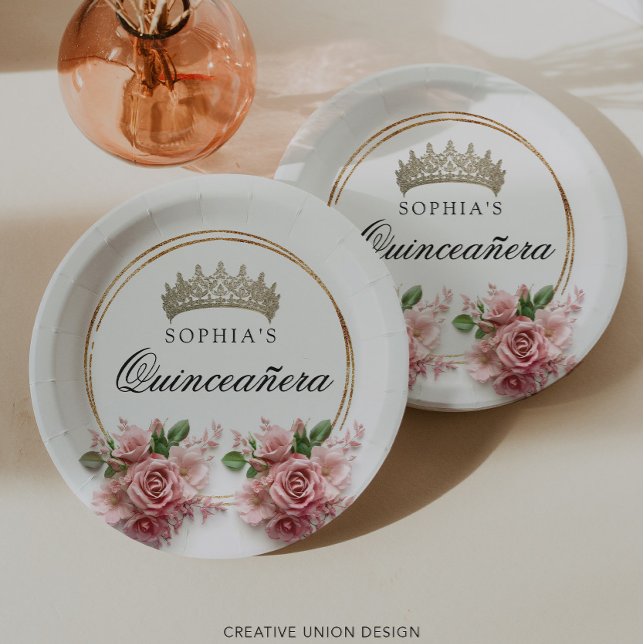 Quinceañera Pink Rose Crown Birthday Decor Paper Plate (Creator Uploaded)