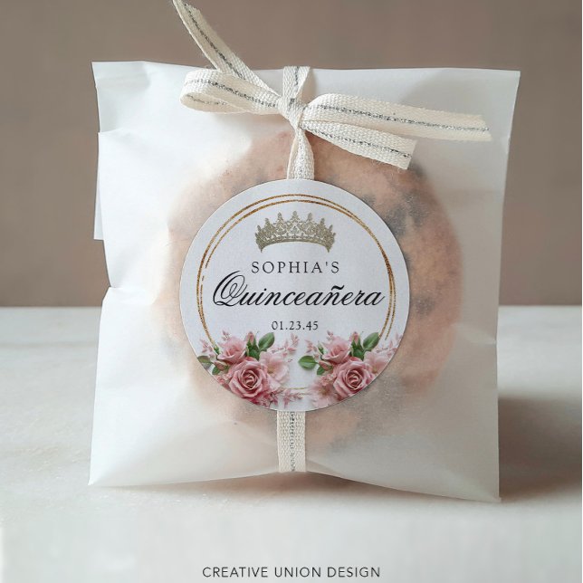 Quinceañera Pink Rose Crown Birthday Favours Classic Round Sticker (Creator Uploaded)
