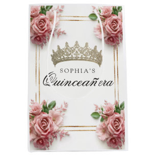 Quinceañera Pink Rose Crown Birthday Favours Medium Gift Bag