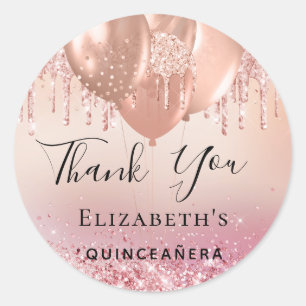 Quinceanera pink rose gold balloons name classic round sticker