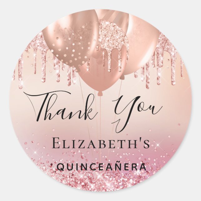 Quinceanera pink rose gold balloons name classic round sticker (Front)