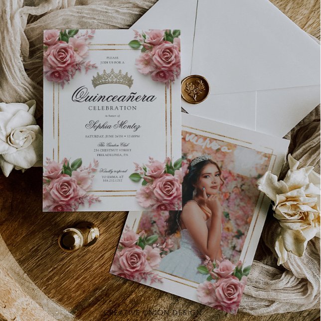 Quinceañera Pink Rose Gold Frame 15th Birthday Invitation (Creator Uploaded)
