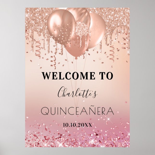 Quinceanera pink rose gold pink glitter welcome poster (Front)