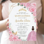 Quinceañera Pink Roses Floral Gold Princess Crown Invitation<br><div class="desc">Personalise this lovely quinceañera invitation with own wording easily and quickly,  simply press the customise it button to further re-arrange and format the style and placement of the text.  Matching items available in store!  (c) The Happy Cat Studio</div>