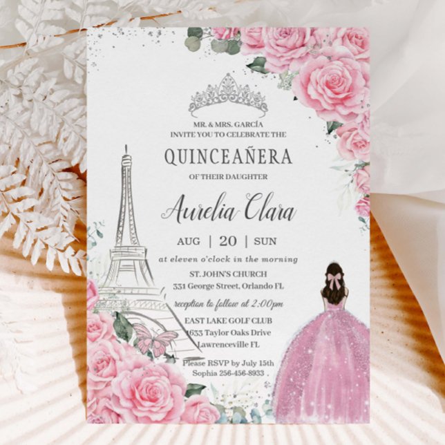 Quinceañera Pink Roses Floral Paris Eiffel Silver Invitation (baby-pink-floral-roses-silver-eiffel-tower-paris-quinceanera-xv-sweet-sixteen-birthday-invitation)