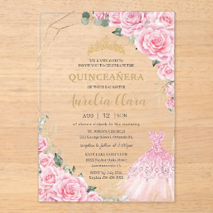 Quinceanera Pink Roses Floral Princess Dress Gown Acrylic Invitations