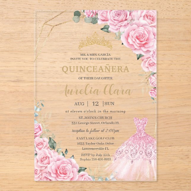 Quinceanera Pink Roses Floral Princess Dress Gown Acrylic Invitations (Front)