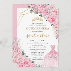 Quinceanera Pink Roses Floral Princess Dress Gown Invitation