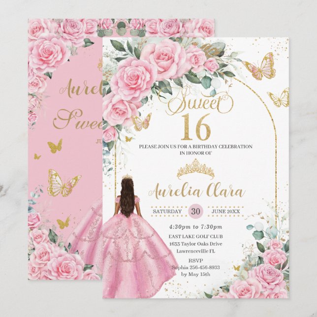 Quinceañera Pink Roses Floral Tan Brown Girl Gold Invitation (Front/Back)