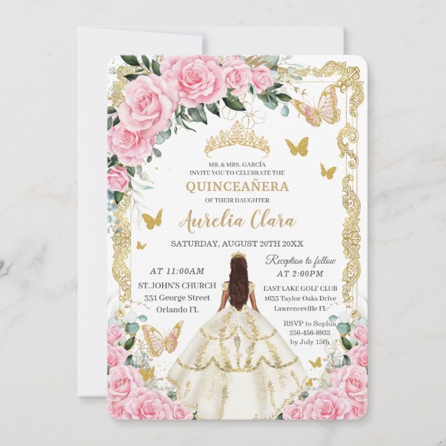 Quinceañera Pink Roses Floral White Dress Princess Invitation (Front)