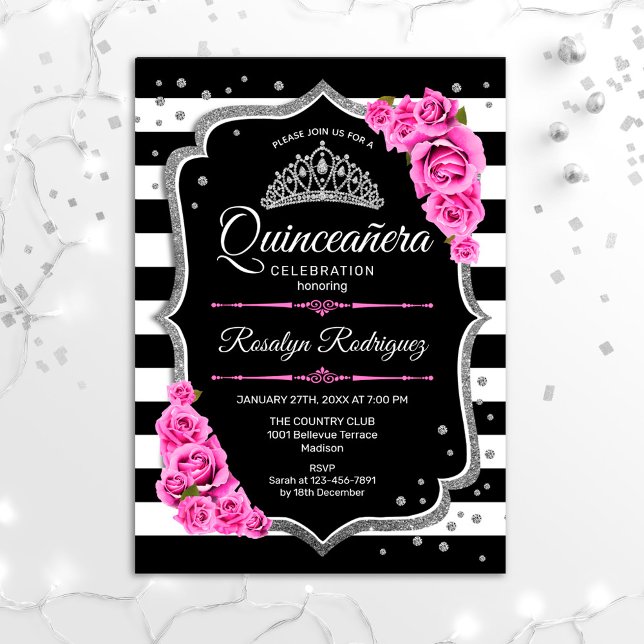 Quinceanera - Pink Silver Black Invitation (Creator Uploaded)