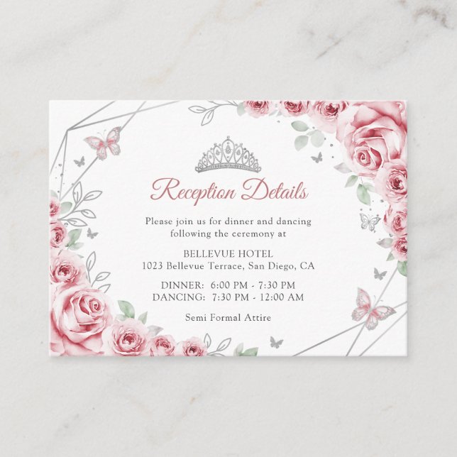 Quinceanera Pink Silver Floral Details Enclosure Card (Front)