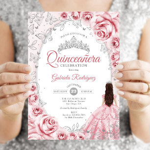 Quinceanera Pink Silver Floral Invitation