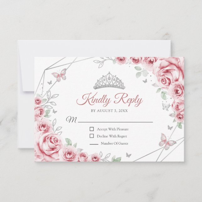 Quinceanera Pink Silver Floral Reply RSVP Card (Front)