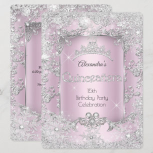 Quinceanera Pink Silver Tiara Winter Wonderland Invitation