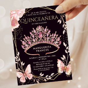 Quinceañera Pink Tiara Floral Butterfly Elegant Invitation