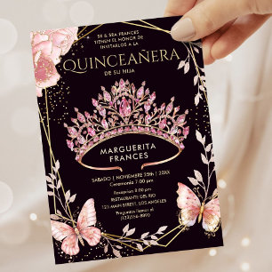 Quinceañera Pink Tiara Floral Butterfly Spanish Invitation