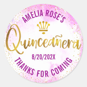 Quinceañera Pink Watercolor Gold Foil Modern Glam Classic Round Sticker
