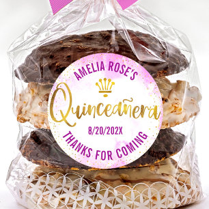 Quinceañera Pink Watercolor Gold Foil Modern Glam Classic Round Sticker