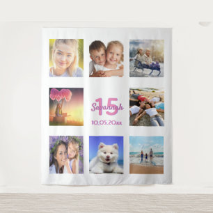 Quinceanera pink white photo collage name tapestry