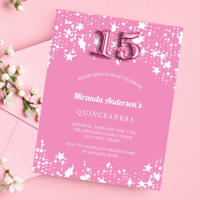 Quinceanera pink white stars budget invitation flyer (Creator Uploaded)