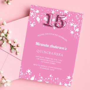 Quinceanera pink white stars invitation postcard