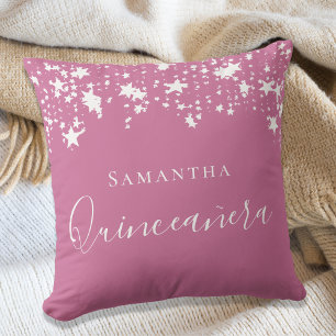Quinceanera pink white stars name cushion