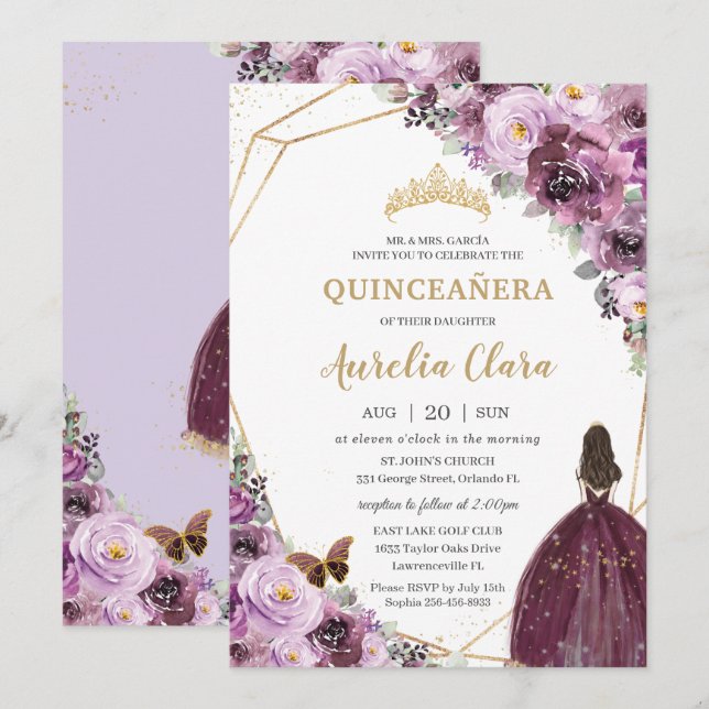 Quinceañera Plum Mauve Purple Floral Gold Princess Invitation (Front/Back)