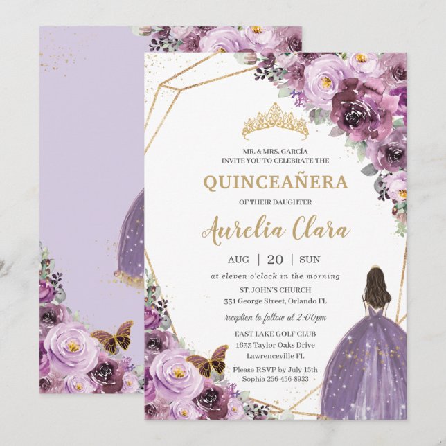 Quinceañera Plum Mauve Purple Floral Mis Quince 15 Invitation (Front/Back)
