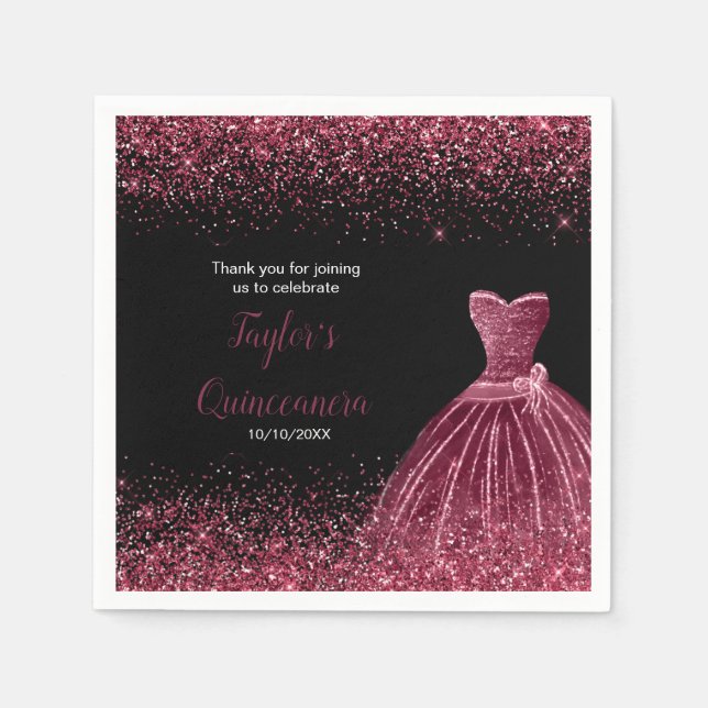 Quinceanera Plum Purple Faux Glitter Napkin (Front)