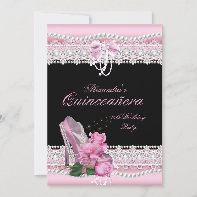 Quinceanera Pretty Pink White Rose High Heel 3 Invitation (Front)