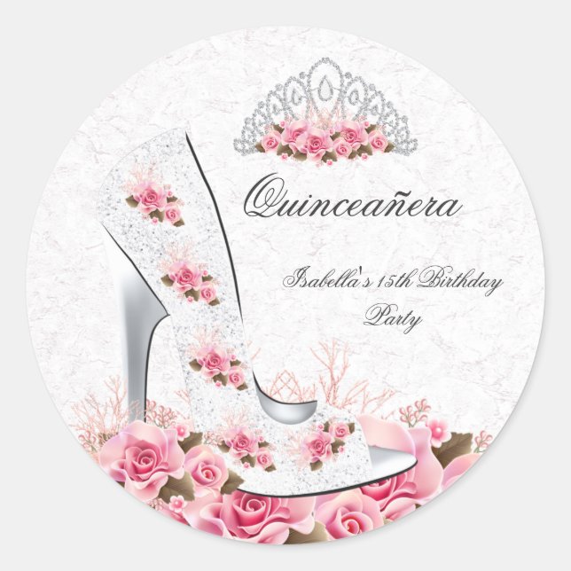 Quinceanera Pretty Princess Pink Roses Shoe 2R Classic Round Sticker (Front)
