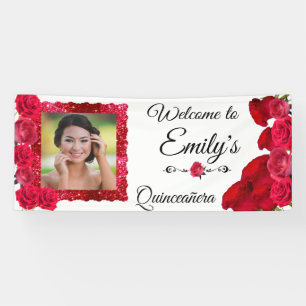 Quinceanera Pretty Red Roses and Red Glitter Frame Banner