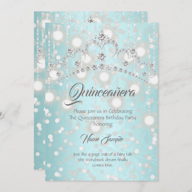 Quinceanera Pretty Teal Silver Diamond Tiara Invitation (Front/Back)