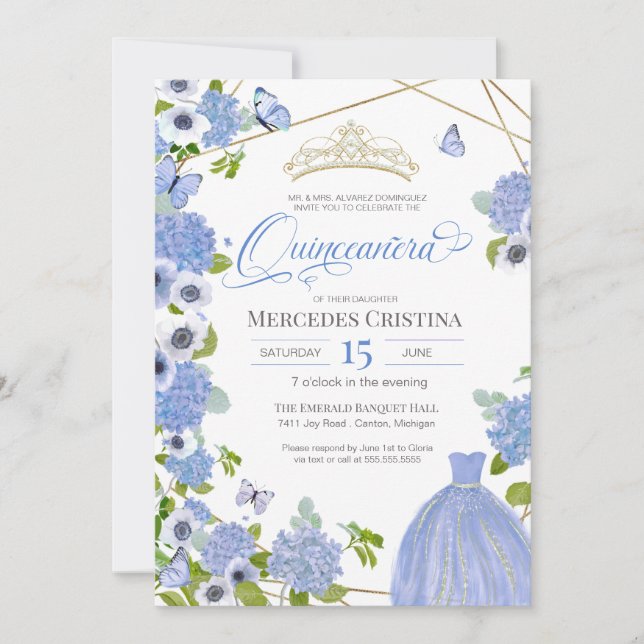 Quinceañera Princess Blue Garden butterfly Tiara Invitation (Front)
