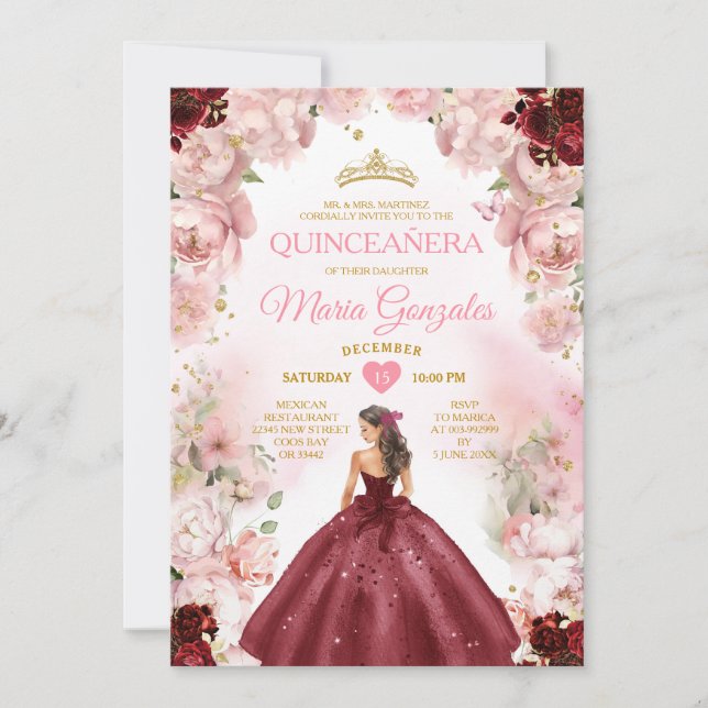 Quinceañera Princess Burgundy Dress Pink Floral Invitation (Front)