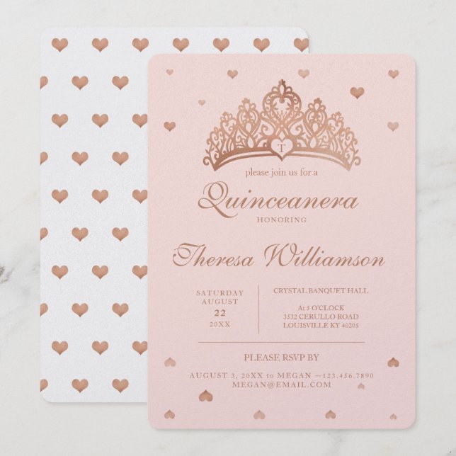 Quinceañera Princess Crown & Heart Rose Gold Invitation (Front/Back)