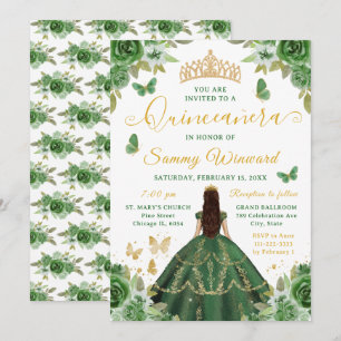 Quinceañera Princess Dark Green Floral Gold Tiara Invitation
