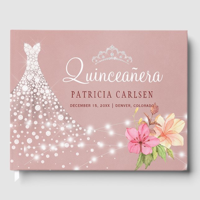 Quinceanera princess diamond dress floral blush guest book (Front)