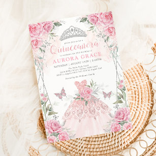 Quinceañera Princess Dress Pink Silver Floral Invitation