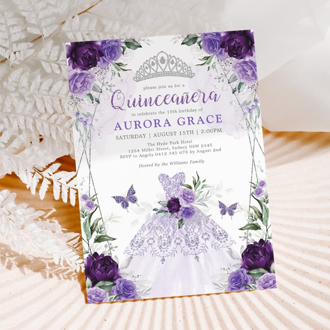 Quinceañera Princess Dress Purple Silver Floral Invitation (Creator Uploaded)