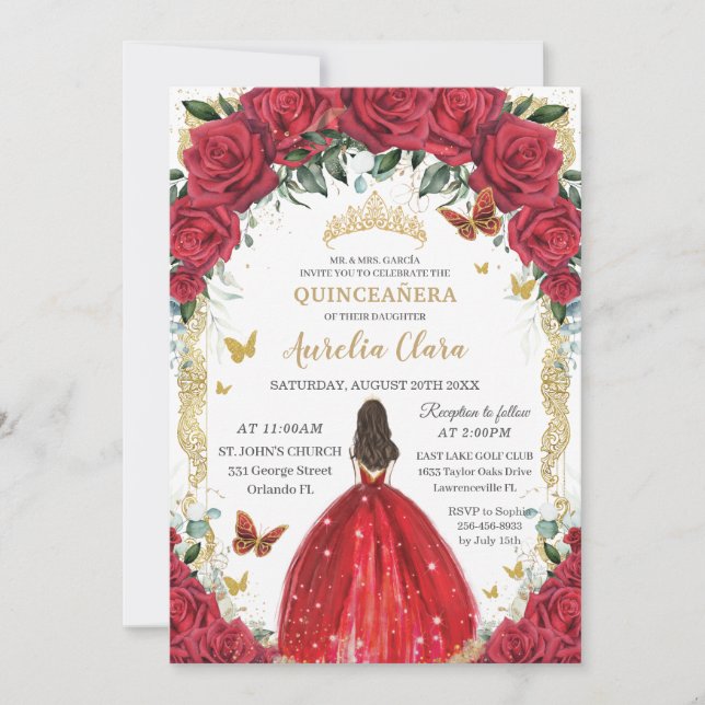 Quinceañera Princess Dress Red Roses Floral Gold Invitation (Front)