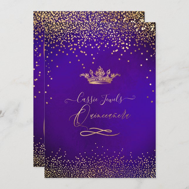 Quinceanera Princess Faux Gold Confetti Violet Invitation (Front/Back)