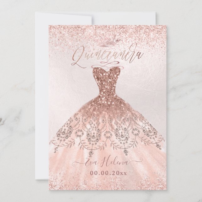 Quinceañera, Princess Faux Rose Gold Tiara+Gown Invitation (Front)