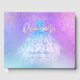 Quinceanera Princess Glitter Gown, Aqua Blue Guest Book